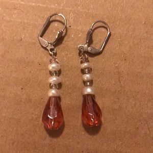 Pearl/Pink Color Dangling Clip Earrings